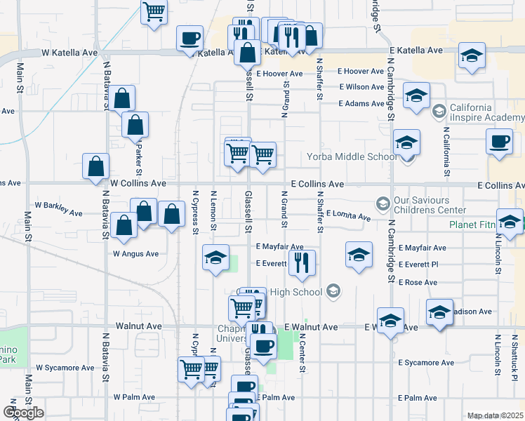 map of restaurants, bars, coffee shops, grocery stores, and more near 820 North Orange Street in Orange