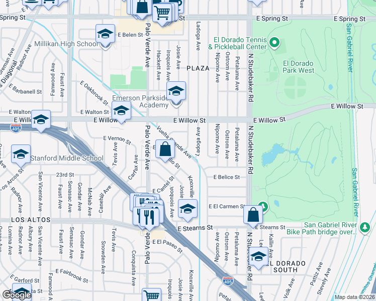 map of restaurants, bars, coffee shops, grocery stores, and more near 2460 Vuelta Grande Avenue in Long Beach