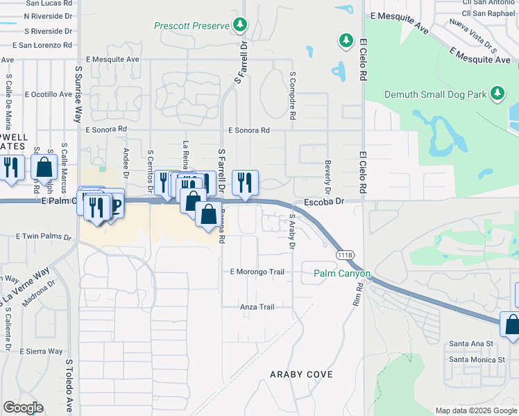 map of restaurants, bars, coffee shops, grocery stores, and more near 1757 Pintura Circle West in Palm Springs