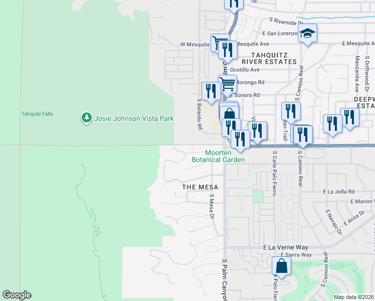 map of restaurants, bars, coffee shops, grocery stores, and more near 275 Ridge Road in Palm Springs