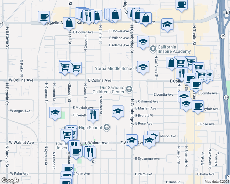 map of restaurants, bars, coffee shops, grocery stores, and more near 601 East Lomita Avenue in Orange