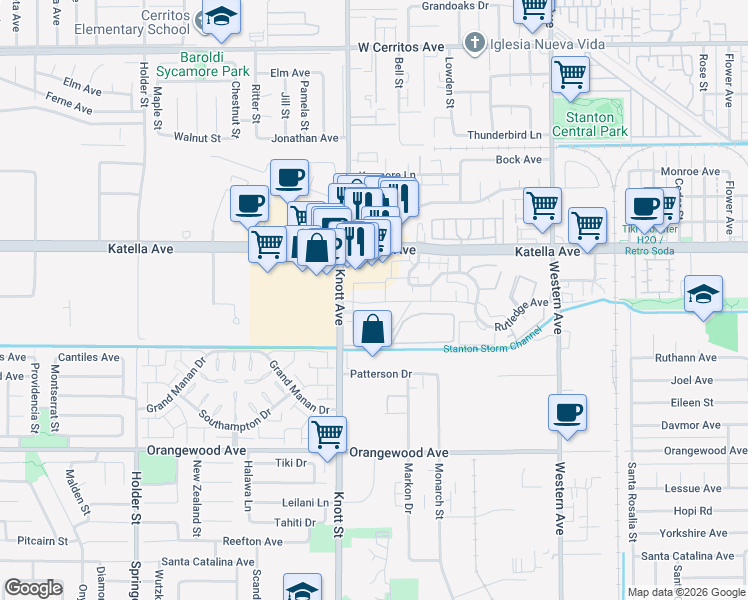 map of restaurants, bars, coffee shops, grocery stores, and more near 7080 Fulton Way in Stanton
