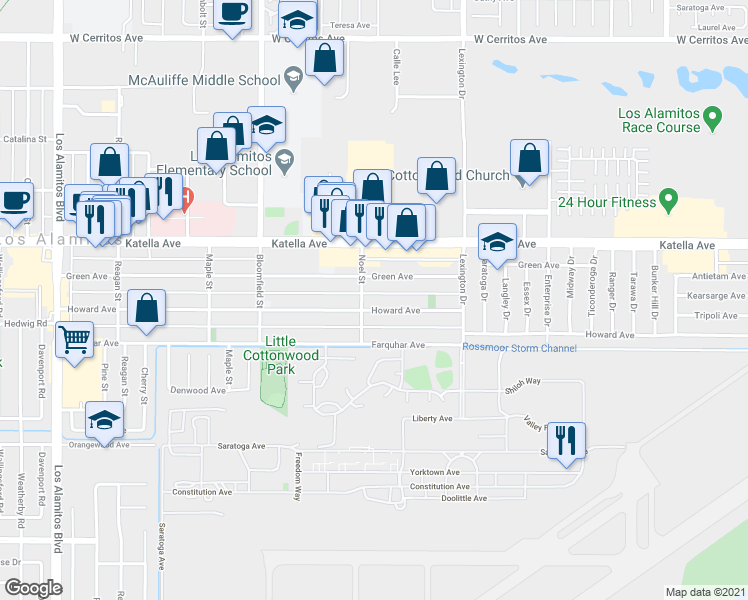 map of restaurants, bars, coffee shops, grocery stores, and more near 11131 Noel Street in Los Alamitos