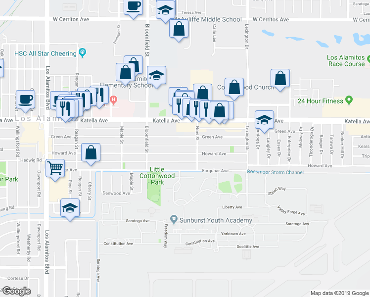 map of restaurants, bars, coffee shops, grocery stores, and more near 4151 Howard Avenue in Los Alamitos