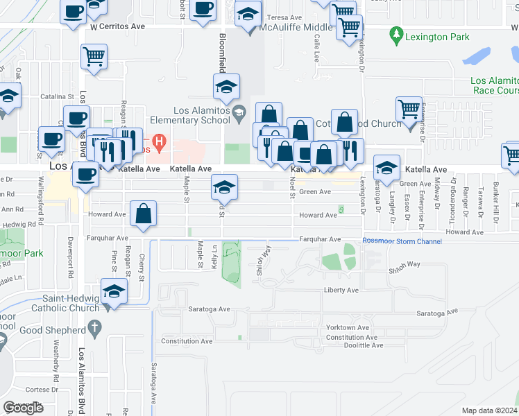 map of restaurants, bars, coffee shops, grocery stores, and more near 4151 Howard Avenue in Los Alamitos