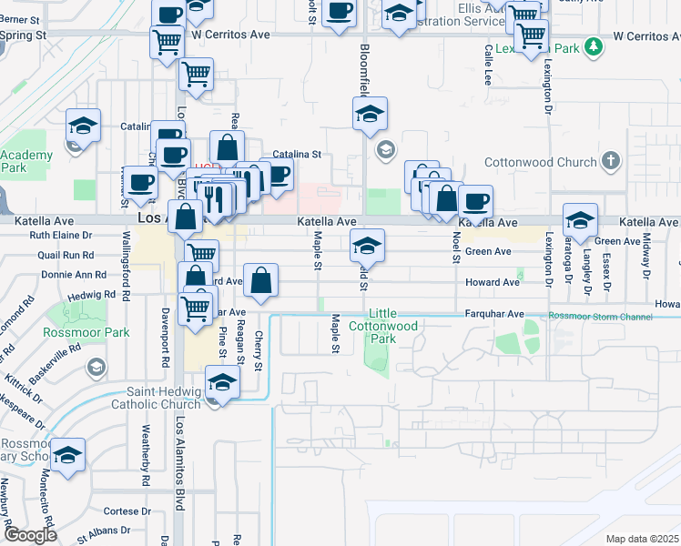 map of restaurants, bars, coffee shops, grocery stores, and more near 3881 Howard Avenue in Los Alamitos