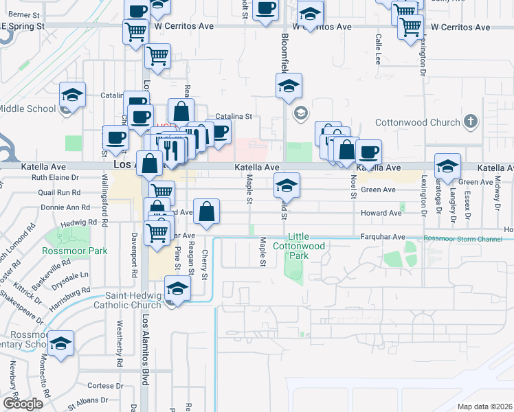 map of restaurants, bars, coffee shops, grocery stores, and more near 3881 Howard Avenue in Los Alamitos