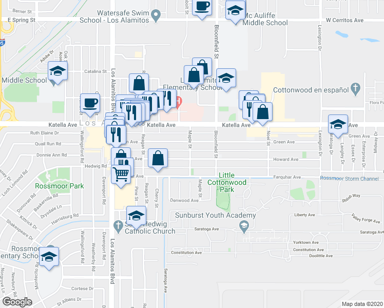 map of restaurants, bars, coffee shops, grocery stores, and more near 3881 Howard Avenue in Los Alamitos