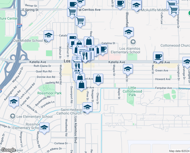 map of restaurants, bars, coffee shops, grocery stores, and more near 3721 Howard Avenue in Los Alamitos