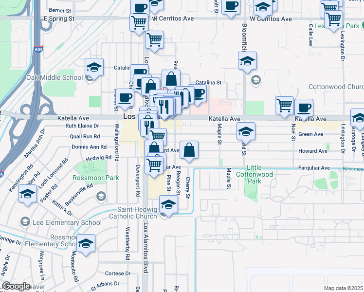 map of restaurants, bars, coffee shops, grocery stores, and more near 3721 Howard Avenue in Los Alamitos