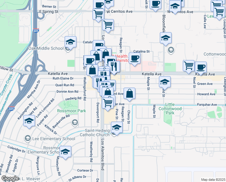map of restaurants, bars, coffee shops, grocery stores, and more near 3561 Howard Avenue in Los Alamitos