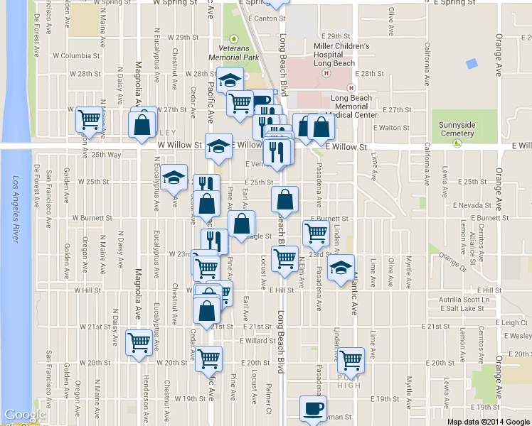 map of restaurants, bars, coffee shops, grocery stores, and more near 215 East Burnett Street in Long Beach