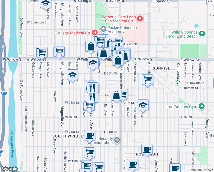 map of restaurants, bars, coffee shops, grocery stores, and more near 215 East Burnett Street in Long Beach