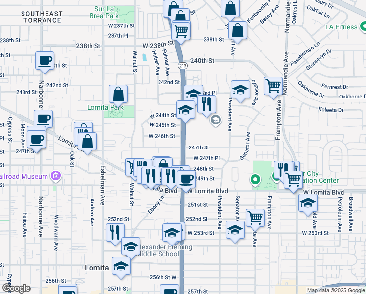 map of restaurants, bars, coffee shops, grocery stores, and more near 24615 South Western Avenue in Lomita