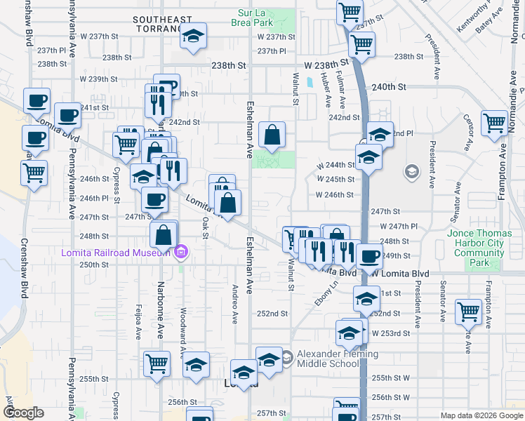 map of restaurants, bars, coffee shops, grocery stores, and more near 24638 Eshelman Avenue in Lomita