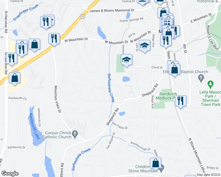 map of restaurants, bars, coffee shops, grocery stores, and more near 5160 Sheppard Court in Stone Mountain