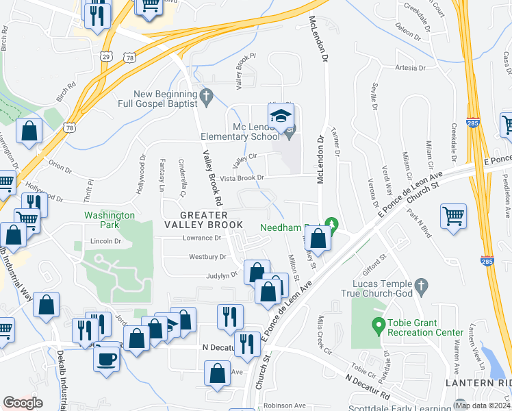 map of restaurants, bars, coffee shops, grocery stores, and more near 421 Valleybrook Crossing in Decatur