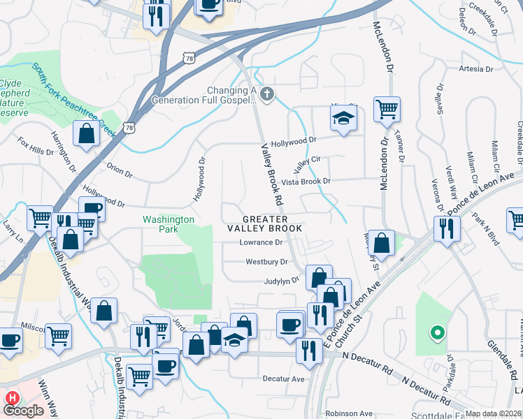 map of restaurants, bars, coffee shops, grocery stores, and more near 2968 Fantasy Lane in Decatur