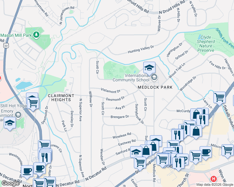 map of restaurants, bars, coffee shops, grocery stores, and more near 2293 Vistamont Drive in Decatur