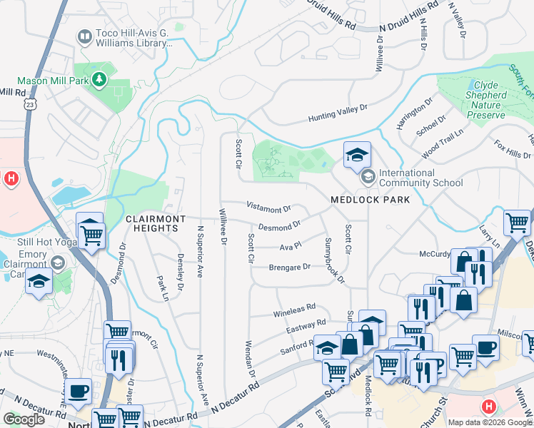 map of restaurants, bars, coffee shops, grocery stores, and more near 2277 Vistamont Drive in Decatur