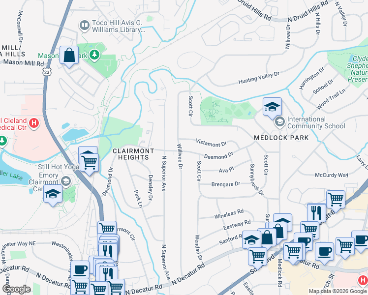 map of restaurants, bars, coffee shops, grocery stores, and more near 2216 Desmond Drive in Decatur