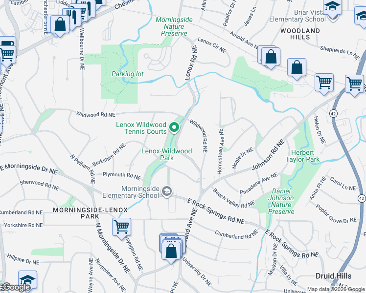 map of restaurants, bars, coffee shops, grocery stores, and more near 1677 Lenox Road Northeast in Atlanta