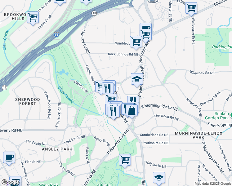 map of restaurants, bars, coffee shops, grocery stores, and more near 495 Ansley Court Northeast in Atlanta
