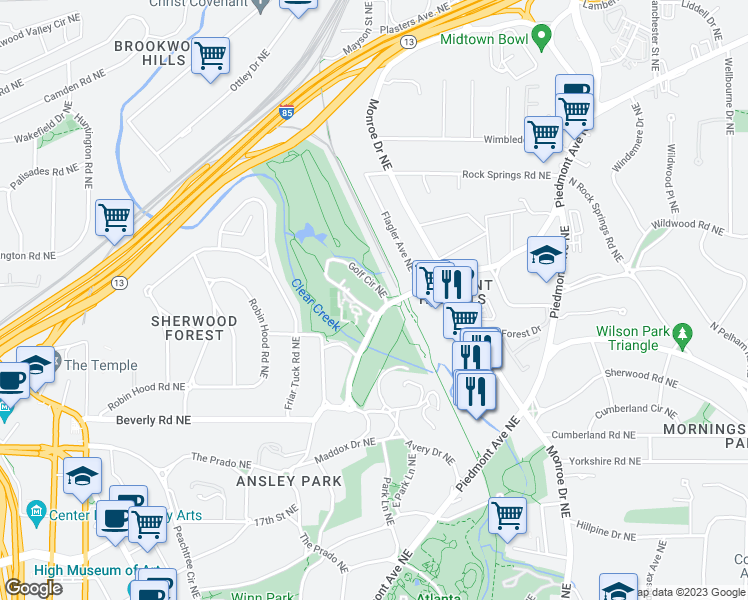 map of restaurants, bars, coffee shops, grocery stores, and more near 200 Montgomery Ferry Drive Northeast in Atlanta