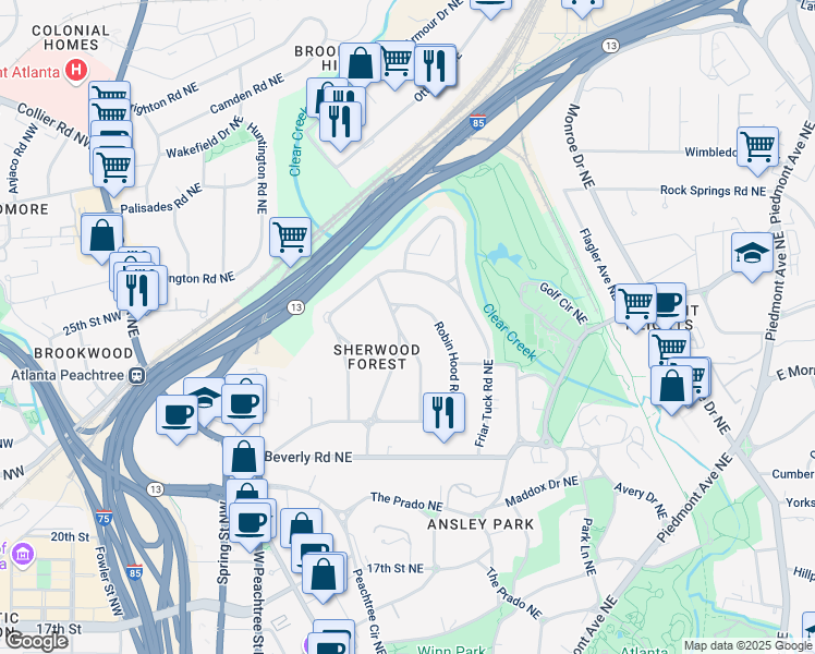 map of restaurants, bars, coffee shops, grocery stores, and more near 1691 Doncaster Drive Northeast in Atlanta