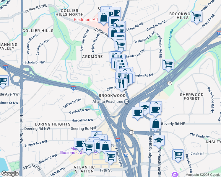 map of restaurants, bars, coffee shops, grocery stores, and more near 44 25th Street Northwest in Atlanta