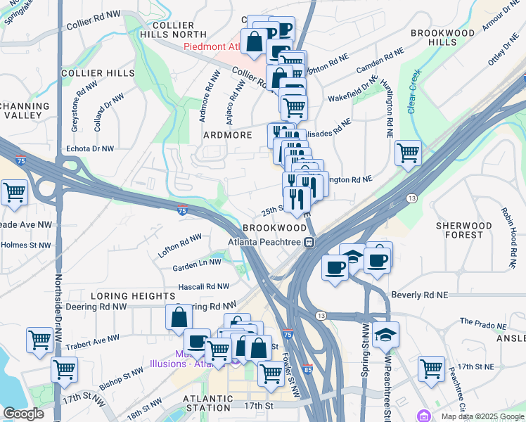 map of restaurants, bars, coffee shops, grocery stores, and more near 67 25th Street Northwest in Atlanta