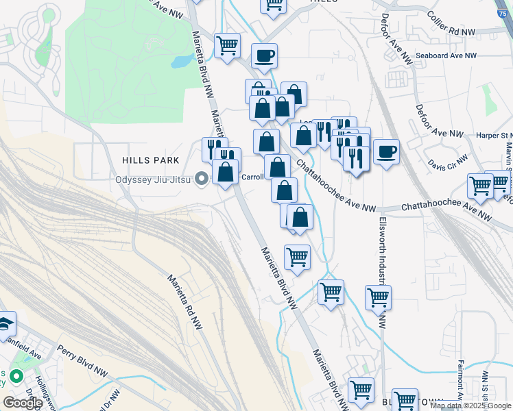 map of restaurants, bars, coffee shops, grocery stores, and more near 1695 Marietta Boulevard Northwest in Atlanta