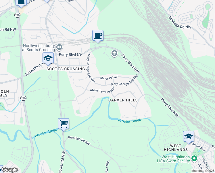 map of restaurants, bars, coffee shops, grocery stores, and more near 1654 Mary George Avenue Northwest in Atlanta