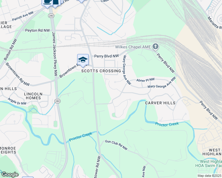 map of restaurants, bars, coffee shops, grocery stores, and more near 2479 Abner Terrace Northwest in Atlanta