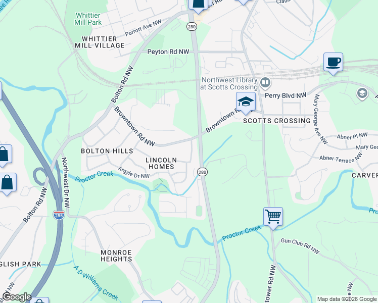 map of restaurants, bars, coffee shops, grocery stores, and more near 1674 Audrey Place Northwest in Atlanta