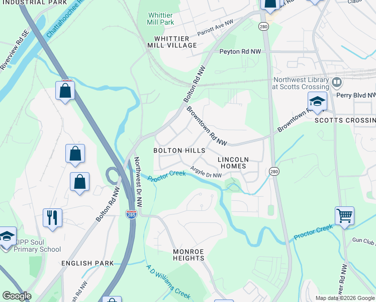 map of restaurants, bars, coffee shops, grocery stores, and more near 1673 Barrett Drive Northwest in Atlanta