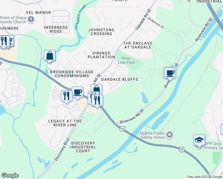 map of restaurants, bars, coffee shops, grocery stores, and more near 6201 Indian Wood Circle in Mableton