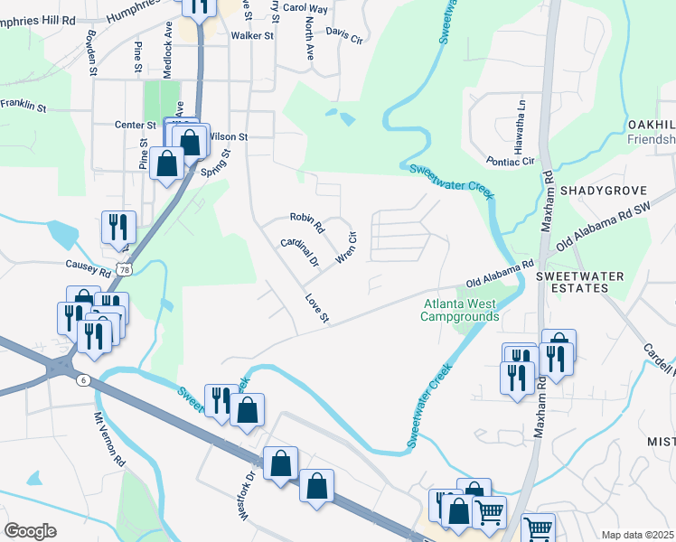 map of restaurants, bars, coffee shops, grocery stores, and more near 2608 Wren Circle in Austell