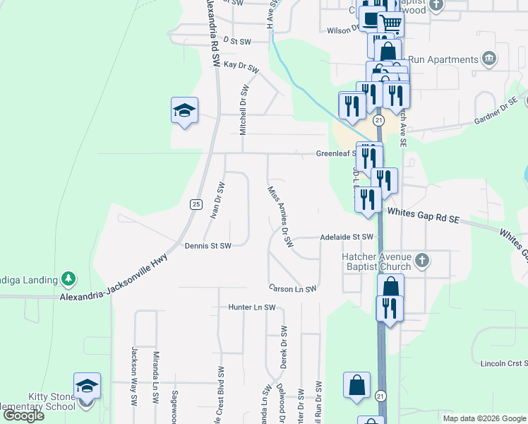 map of restaurants, bars, coffee shops, grocery stores, and more near 406 Janes View Southwest in Jacksonville