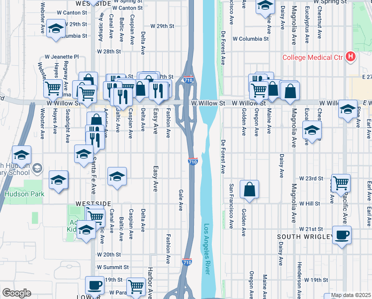 map of restaurants, bars, coffee shops, grocery stores, and more near 1227 West Burnett Street in Long Beach