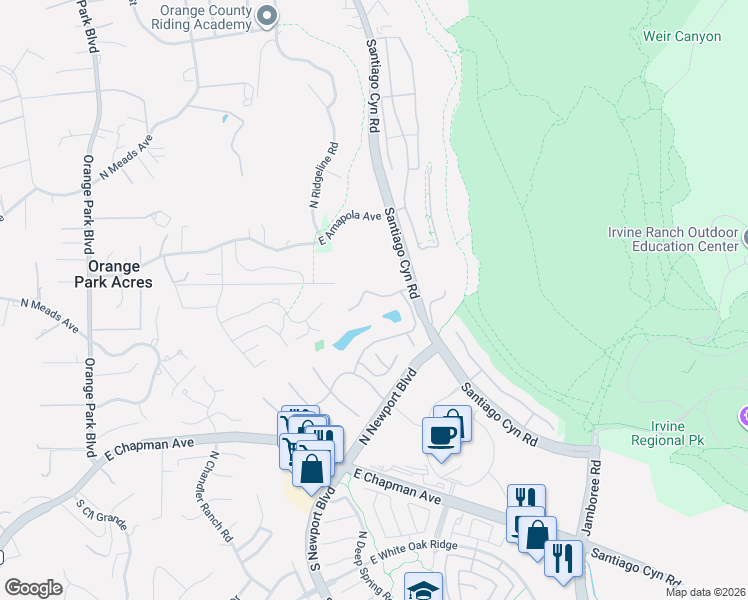 map of restaurants, bars, coffee shops, grocery stores, and more near 7922 East Lakeview Trail in Orange