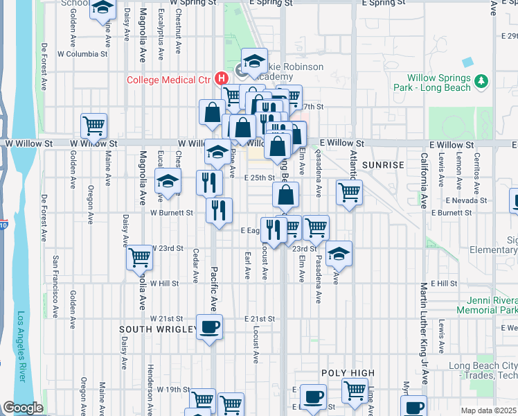 map of restaurants, bars, coffee shops, grocery stores, and more near 215 East Burnett Street in Long Beach