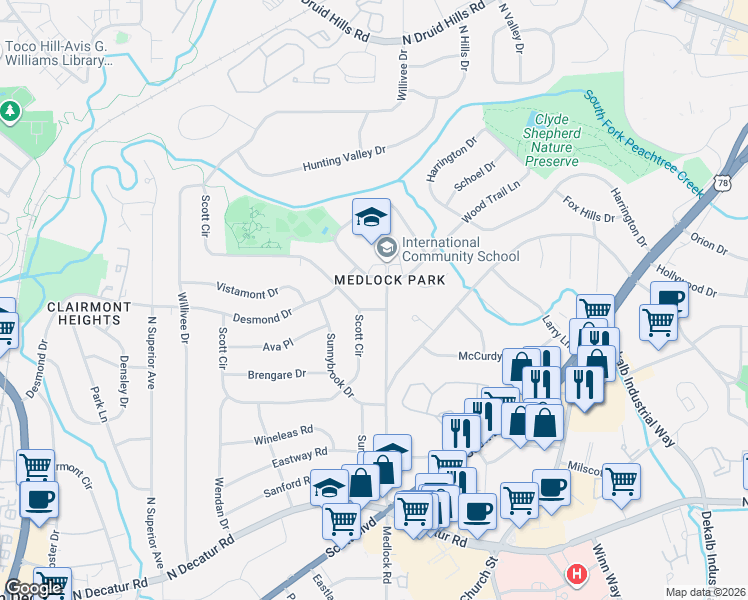 map of restaurants, bars, coffee shops, grocery stores, and more near 2398 Lancelot Drive in Decatur
