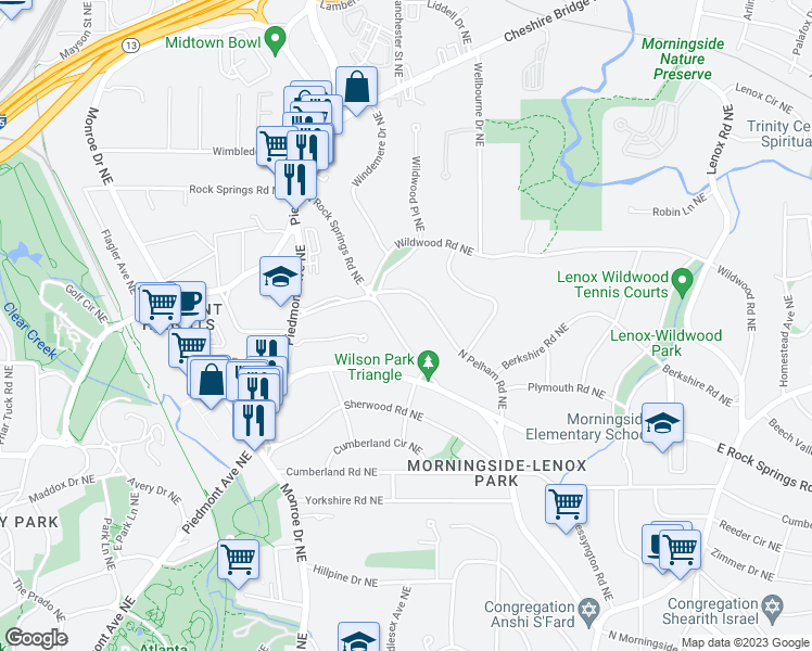 map of restaurants, bars, coffee shops, grocery stores, and more near 1703 North Rock Springs Road Northeast in Atlanta