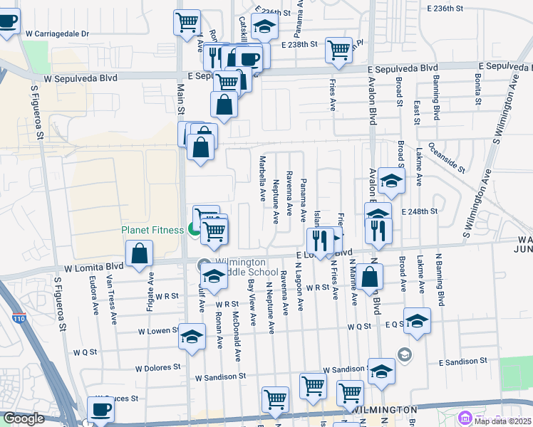 map of restaurants, bars, coffee shops, grocery stores, and more near 24706 Marbella Avenue in Carson
