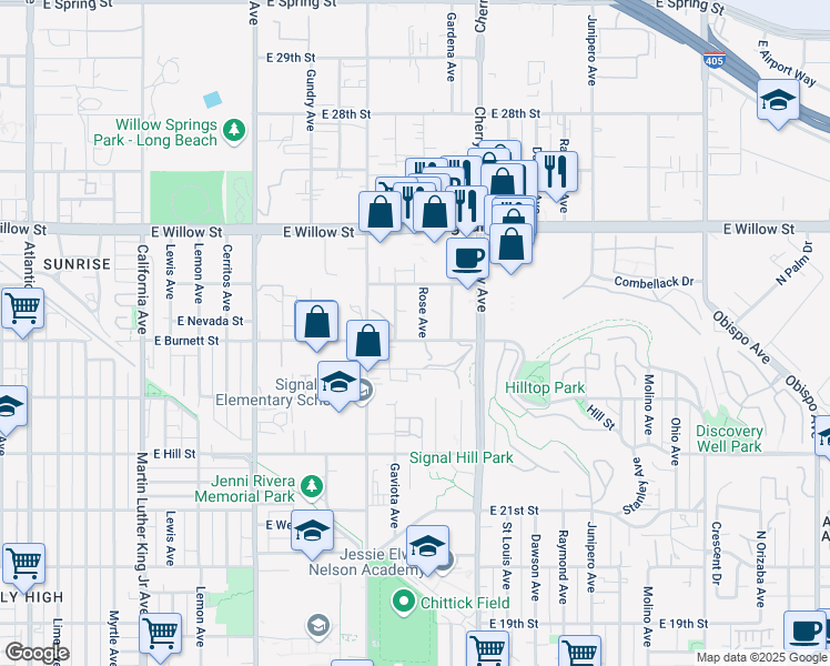 map of restaurants, bars, coffee shops, grocery stores, and more near 2415 Rose Avenue in Signal Hill