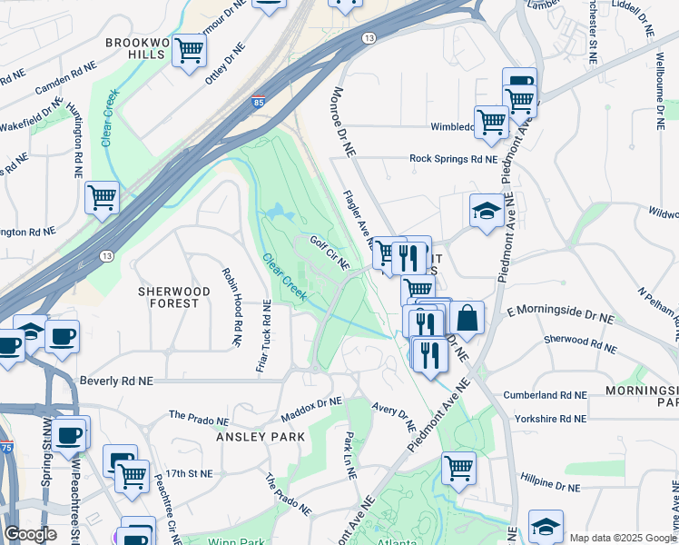 map of restaurants, bars, coffee shops, grocery stores, and more near 200 Montgomery Ferry Drive Northeast in Atlanta