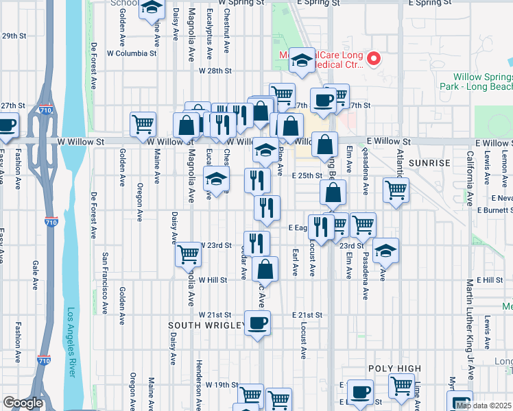 map of restaurants, bars, coffee shops, grocery stores, and more near 2401 Pacific Avenue in Long Beach