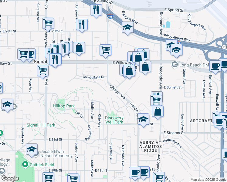 map of restaurants, bars, coffee shops, grocery stores, and more near 2953 Hathaway Court in Signal Hill