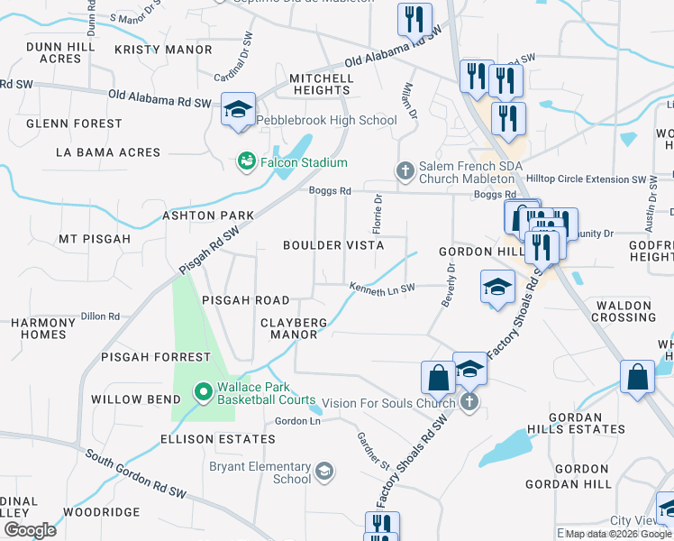 map of restaurants, bars, coffee shops, grocery stores, and more near 6282 Denny Lane Southwest in Mableton